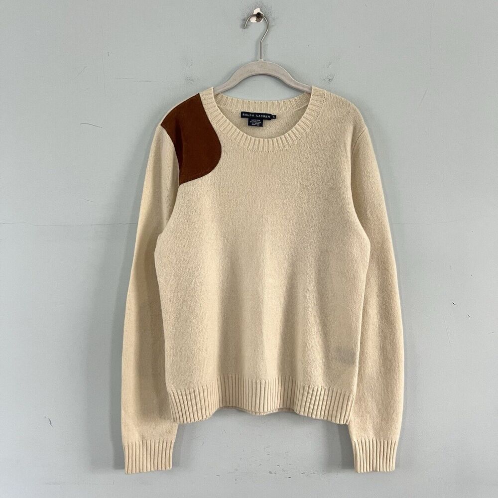 Ralph Lauren Vintage Wool Angora Elbow Patch Cream Long Sleeve Sweater
